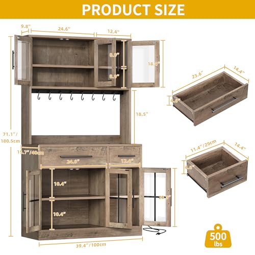 DWVO 71'' Tall Kitchen Pantry Storage Cabinet with Charge Station, Farmhouse Glass Display Food Pantry Hutch with Microwave Stand & Hooks & Drawers & Shelves for Home Living Dining Room, Lvory Grey