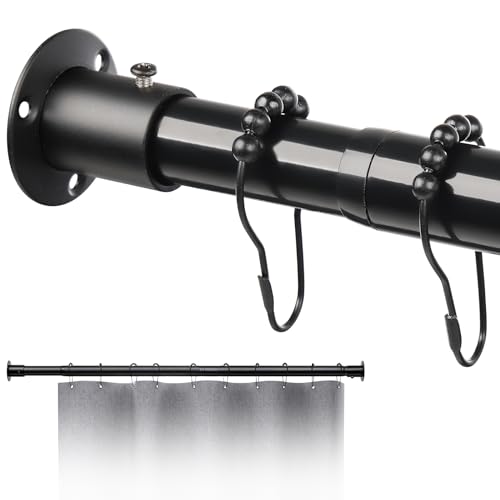 Extendable Shower Curtain Rod 109-162cm, Stainless Steel Telescopic Shower Curtain Pole with 12 Rings Screw In, Adjustable Shower Curtain Rail for Bathroom, Closet, Doorway and Room Divider, Black
