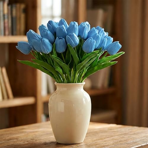 Image of 20Pcs Stems 13.5 Inch Light Blue PU Artificial Moisturizing Tulips, Faux Tulips Flowers for Thanksgiving Christmas Decorations Wedding Home Table Vase Floral Arrangements