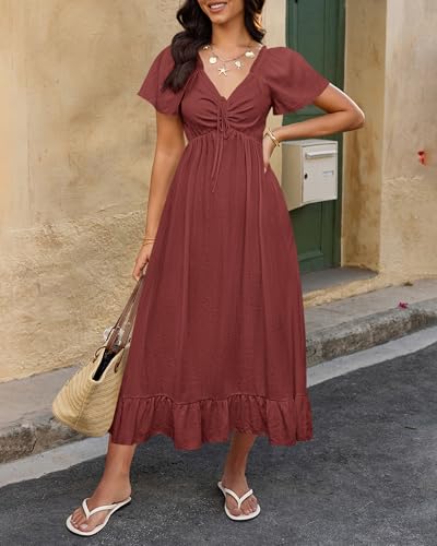 Image of BTFBM Womens Summer Dresses 2026 Casual Short Sleeve V Neck Drawstring Wedding Guest Maxi Dresses Boho Beach Long Dress