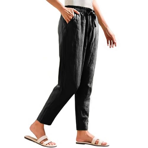 NBXNZWF Women's Cotton Linen Straight Leg Pants Elastic Drawstring Casual Trousers Summer Beach Lounge Pants with Pockets2