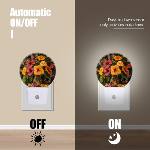 Image of LED Night Lights Lamp with Dusk to Dawn Sensor, Beautiful Vase Filled with Fusoia Flowers Night Light Plug Into Wall for Kids Room, Bedroom, Bathroom, Kitchen, Hallway