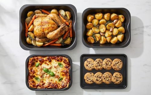 4-Pack Black Roasting and Baking Tray Set - Large Roaster (38cm), Medium Roaster (33cm), Small Roaster (28cm) & Small Tray (32cm) - Baking Tray Set Tray/Pan, Non-Stick, Multi-Pack - Dishwasher Safe - Image 4