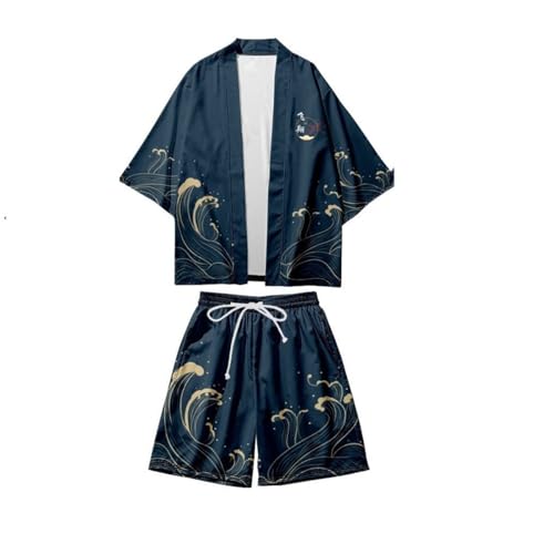 Kimono homme bleu marine et son short imprimé vagues dorées