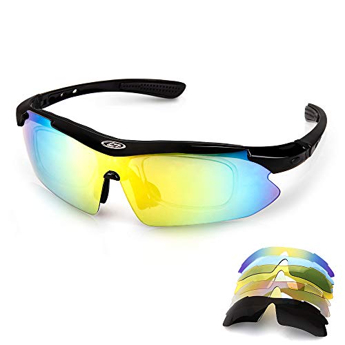 Aolead Gafas De Sol Polarizadas Gafas Ciclismo con 5 Lentes Intercambiables, Súper Ligero UV400 Protección para Motocicleta Conducir Golf