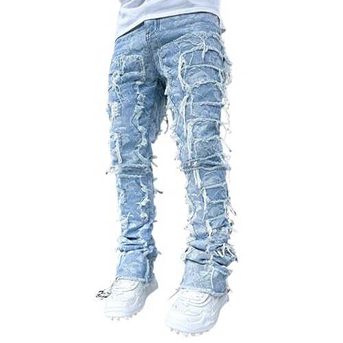 JEShifangjiusu Mens Stacked Jeans Slim Fit Ripped Jeans Destroyed Straight Denim Pants Hip Hop Trouser Streetwear Jeans
