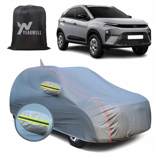 YEARWELL Car Body Cover for Tata Nexon (2023 to 2025), 100% Waterproof, Heat-Resistant with Mirror & Antenna Pockets, Soft Cotton Lining, Triple Stitched, Green Reflector (Metallic Grey)