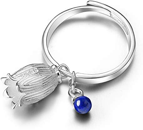 ✦Gift for Christmas✦ Lotus Fun S925 Sterling Silver Rings Natural Lapis Gemstone Fresh Redbud Bell Flower Open Ring Handmade Jewelry Unique Gifts for Women and Girls
