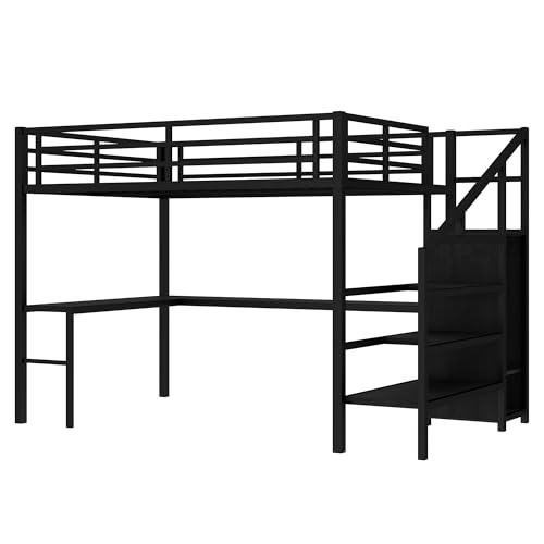 Image of Bellemave Queen Size Loft Bed with Desk and Wardrobe Storage Stairs and Wardrobe, LED USB, Loft Bed for Teens Metal, Black