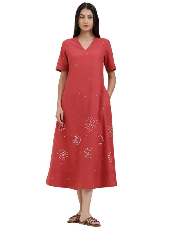 pink fort Casual Cotton Bandhani A-Line Dress | A-Line Fit Short Sleeve 2 Pockets for Everyday | Red-picture-49