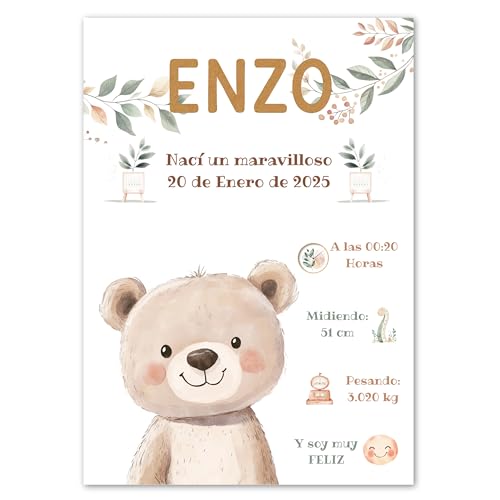 Natalicio Personalizado, Cuadro Nacimiento Bebe Personalizado, Laminas Infantiles, Laminas para Cuadros Infantiles Personalizados, Regalos Bebe Personalizados, Cuadro Natalicio Tamaño 30x42cm (Oso)