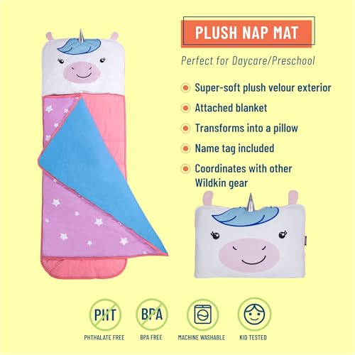 Image of Wildkin Kids Velour Nap Mat for Girls - Soft & Cozy Toddler Sleep Mat with Built-in Blanket for Daycare, Preschool, Kindergarten & Travel, Ages 3-7, Machine Washable - Unicorn