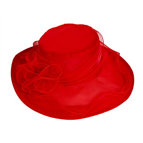 Women's Kentucky Derby Hat,Summer Fascinator Flowers Wide Brim Organza Church British Tea Party Wedding Dress Cap,Red