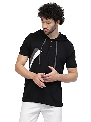 Image of Kalt Men Half Sleeves Cotton Blend Colour Block Hoodie T-Shirt