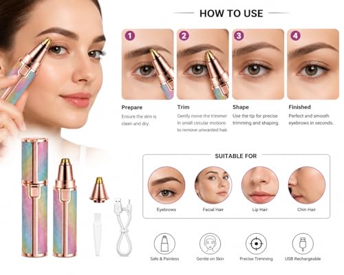 Image of Electric Facial Hair Remover for Women, Rainbow Glitter, USB Rechargeable, with Cleaning Brush