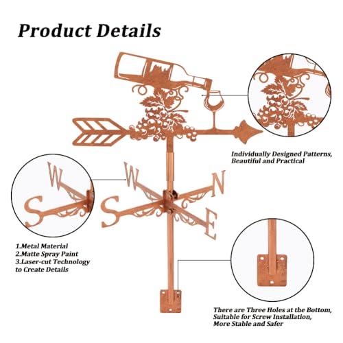 SUPERDANT Grape Weather Vane for Roof Mount Wine Bottle Metal Weathervane Wind Vanes for Outside Roof Decor Black Wind Decorative Signs for Farmhouse Yard Farm Barn Sheds Garden Patio Red Copper - Image 3