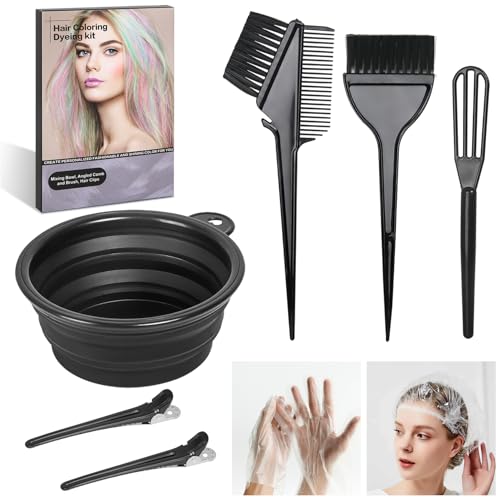 ROOHUA 8 Pcs Hair Coloring Kit - Professional Hair Dye Tools for Home Salon Use with Bowl, Brush, Comb, Clips, Gloves & Shower Cap - Reusable Supplies (8, Black)