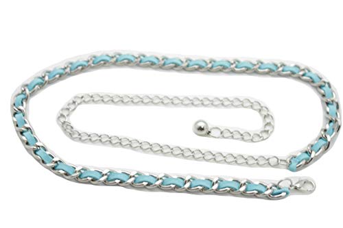 Trendy Fashion Jewelry Women Skinny Silver Metal Chain Links Belt Hip High Waist Turquoise Blue Fabric XS S M2
