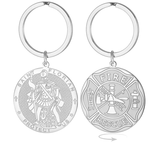 EUEAVAN St. Florian Schlüsselanhänger für Männer Schutzpatron Doppelseitige Heiligenmedaille Feuerwehrmann Religiöses Amulett Katholisches Geschenk Feuerwehrmann-Accessoires (silber)