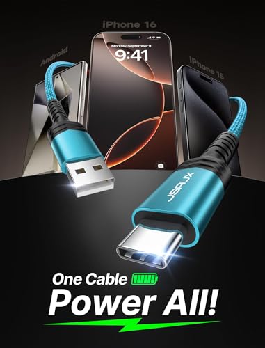 Image of JSAUX USB C Cable [2-Pack 6.6ft], USB A to USB C for iPhone, Samsung, Green | Type C Fast Charging Cord for iPhone 17e, iPhone 17 /16 /15 Series, iPad 10, Samsung Galaxy S20 S10 S10+, LG V30, Car Play