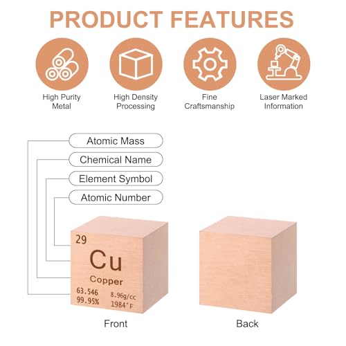 Image of uxcell Copper Cube, 1.5 Inch High Density Metal Element Cube Metal Density Cube for Chemical Elements Collection Science Education Experiment Application, Yellow