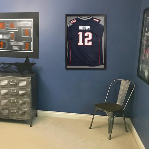 Image of IHEIPYE Large Jersey Frame Display Case Lockable, Sport Jersey Shadow Box with 98% UV Protection Acrylic and Hanger for Baseball Basketball Football Soccer Hockey Sport Shirt and Uniform, Linen Black