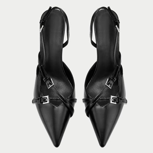 Yishaweiqi Slingback Kitten Heels for Women Buckle Strap Pointed Toe Dress Pumps Shoes Slip On Heeled Sandals4