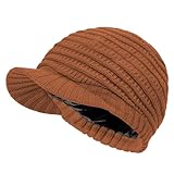 Womens Satin Lined Beanie Slouchy Winter Knit Hat Newsboy Hat with Brim Silk Lined Beanie Coffee