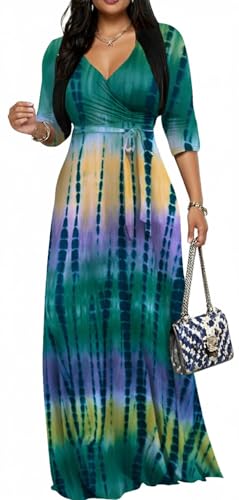 Image of Women's Church Maxi Wrap V Neck 3 /4 Sleeve Tie Waist Plus Size Long Dress | Flattering wrap V-neck design enhances curves. High elastic tie waist accentuates the slimmest part, hides tummy.