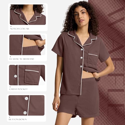 SIORO Button Down Pajamas Set for Women Short Sleeve Sleepwear Lightweight Waffle Knit Loungewear Shorts Set Nightwear4