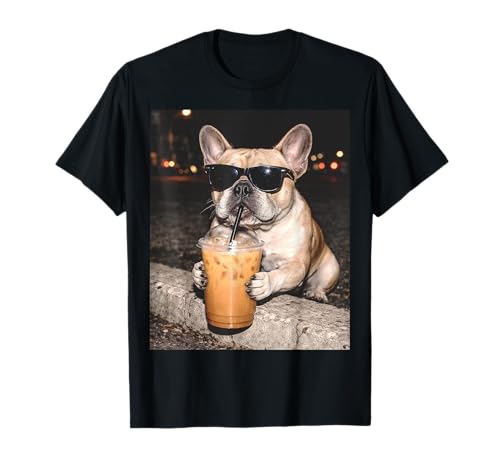 French Bulldog Drinking Iced Coffee Funny Animal T-Shirt