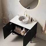 A ALFRESCOOL Tocador de baño independiente con lavabo de cerámica ovalado a rayas, encimera de piedra Carrara sinterizado blanco, armario a rayas con puertas dobles, 76 x 48 x 87 cm (negro)