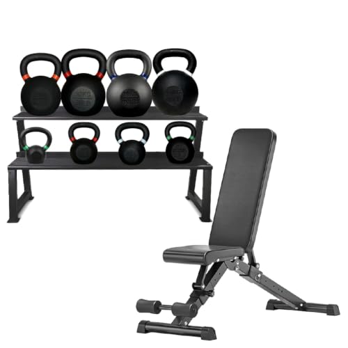 2kg-40kg Cast Iron Kettlebell 8 Pcs Set with Adjustable Workout Bench & Heavy Duty Power Rack Stand for Home Gym Fitness & Full Body Strength Training
