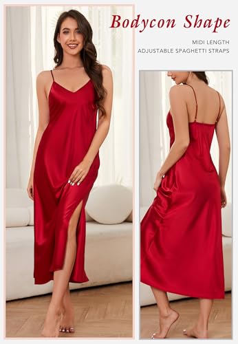 Image of ALCEA ROSEA Women's Long Satin Slip Dress Nightgowns Sexy Lingerie Adjustable Strap Midi Dress Silky Gown V Neck Under Dress