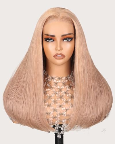 MEGALOOK Salon-Quality Ready to Go Glueless Wigs Human Hair 220% Density 5x6 Pre Cut HD Lace Front Wig 12A Silky Straight Wig Real Plucked Bleached Knots Light Brown Blonde Wigs Human hair 16 Inch
