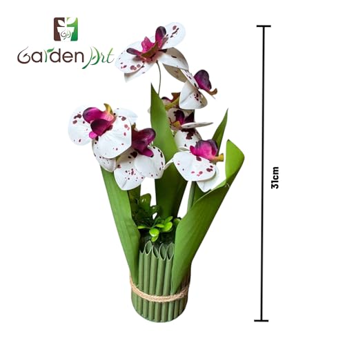 Image of Garden Art Pack of 1 Artificial Phalaenopsis Orchid Bonsai Bunch, 6 Heads, 9 Flowers, 31cm GAAPHOB-6H-31WD (White Dotted)