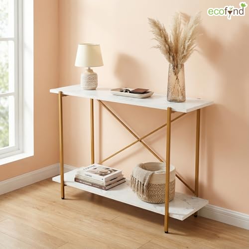 Image of ecofynd Elix Jr 35 Inch Console Table, Metal with Engineered Wooden top Long Narrow Hallway, Entryway, Living Room, Dining Room, Office, Home Side Table Storage Shelves, 35 inchX 9 inchX 28 inch (WHTGO, CT002)