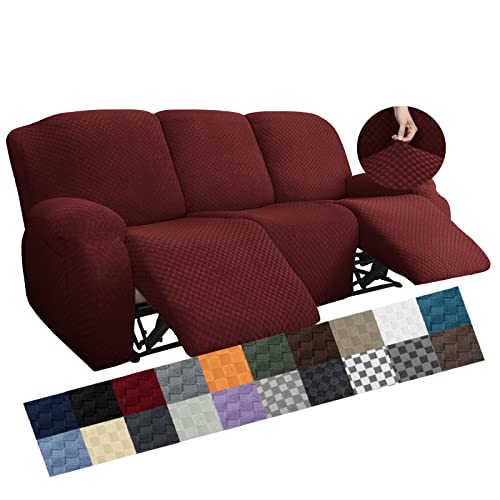 Image of YEMYHOM 8 Pieces Stretch Recliner Sofa Cover Jacquard Reclining Couch Cover with Side Pocket Anti-Slip Fitted 3 Cushion Furniture Slipcovers with Elastic Bottom (Large, Wine Red)