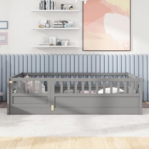 Twin Size Floor Bed with Door, Kids Bed Twin Size, Montessori Bedframe No Box Spring Needed, Bedroom Furniture for Boys, Girls, Easy Assembly (Grey, Twin)