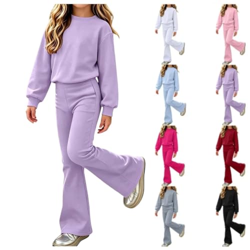 XINGJIAARTS Girls Sweatsuit 2 Piece Fleece Crewneck Sweatshirt and Flare High Waisted Sweatpants Tracksuit Set Fall Outfits Purple 13 Years - image 1