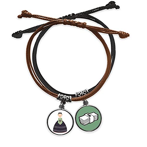 Pulsera de cuerda coreana tradicional para mujer con cuero y amuleto de dinero
