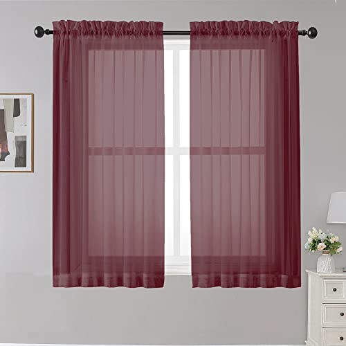 Image of OWENIE Sheer Curtains, 45 inch Long Light Filtering Tiers for Kitchen, Bedroom, 2 Panels, Cafe Curtains for Small Window, 42 inch W x 45 inch L, Burgundy