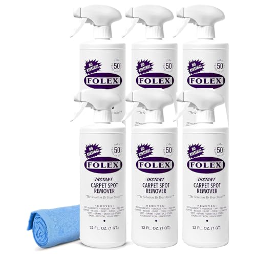 Image of FOLEX Instant Carpet Spot Remover 32 oz - Powerful Stain Remover for Carpets, Upholstery & Rugs - Eliminates Pet Stains, Grease, Red Wine, Food, Makeup & More - With Reusable Cleaning Cloth - 6 Pack