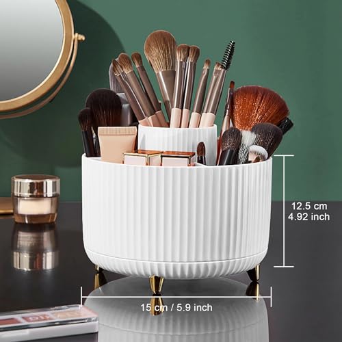 Image of Diesisa Makeup Brush Holder Organizer,360 Rotating Makeup Brush Organizer,5 Slot Make up Brushes Cup for Cosmetics, Nail Polish, Art Supply, Bathroom Vanity Desktop Organizer - White