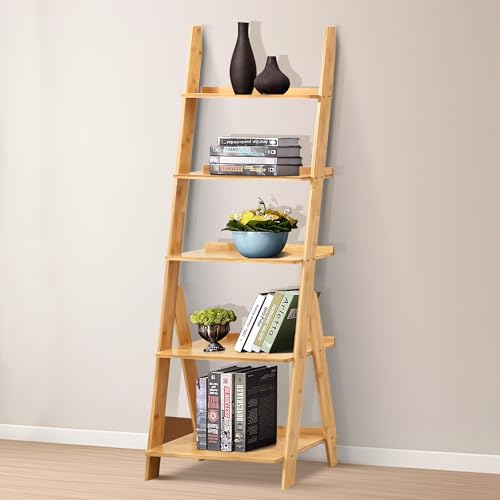 DOUSY- 5-Tier Bamboo Ladder Shelf Ladder Bookshelf Plant & Flower