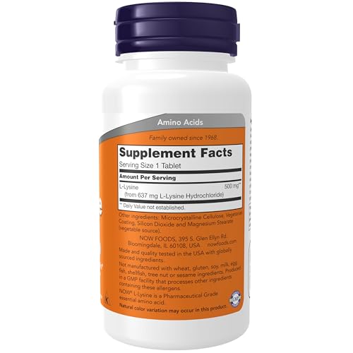 Image of NOW Foods Supplements, L-Lysine (L-Lysine Hydrochloride) 500 mg, Amino Acid, 100 Count (Pack of 12)