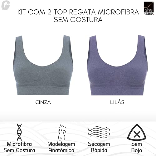 Kit 2 Top Sem Costura Regata Microfibra Sem Bojo Com Ajuste Anatômico She By Mash, 1 Cinza Claro - 1