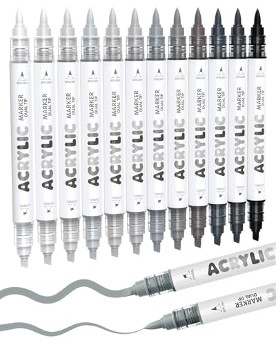Guangna 12 Grey Dual Tip Acrylic Paint Markers Brush Tip & Chisel Tip Acrylic Paint Pens for Rock Wood Glass Paper Coloring Book Ceramic Canvas Water-Based Ink