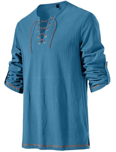Image of JEMITOP Men's Pure Cotton Vintage Lace Up Shirts for Pirate Renaissance Viking Medieval Costume Without Belt