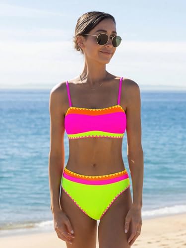 Image of ZAFUL Women's High Cut Bandeau Bikini Set Strapless Solid Color 2 Pieces Bathing Suit Swimsuit (10-Black Red,XL), X-Large